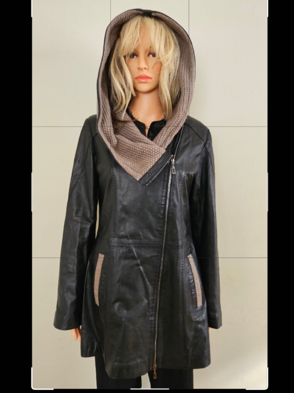 Genuine Leather Black Jacket Knitted Hood Zipper